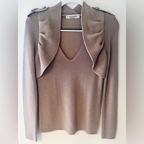 Valentino V-Neck Ribbed Ruffle Sweater - Picture 1 of 11